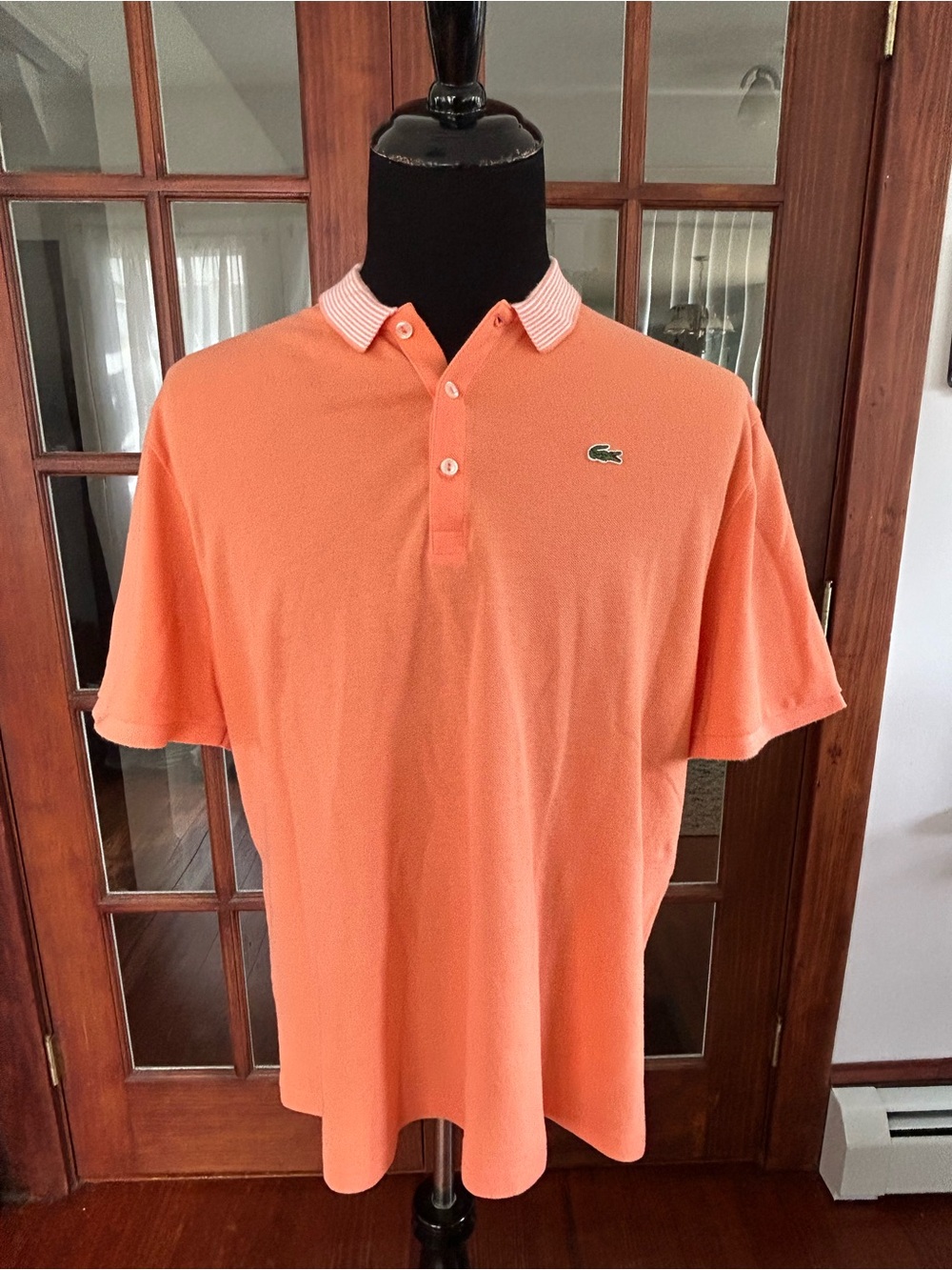 LACOSTE Size 9 (L) Peach Stripe Collar Mens Cotton Polo Shirt Golf Casual